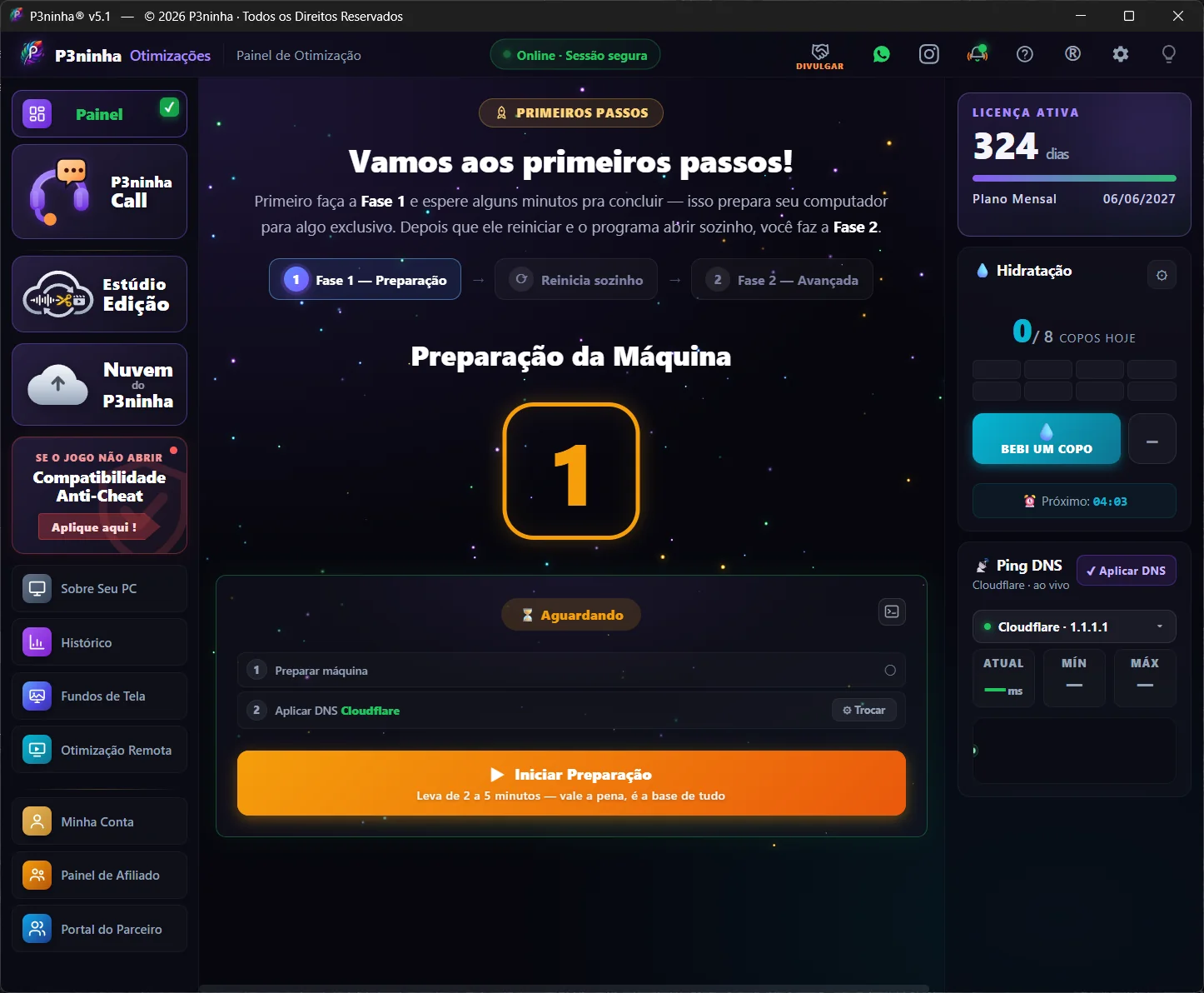 Fase 1 de otimização do P3ninha v5.1 — preparação da máquina e DNS Cloudflare