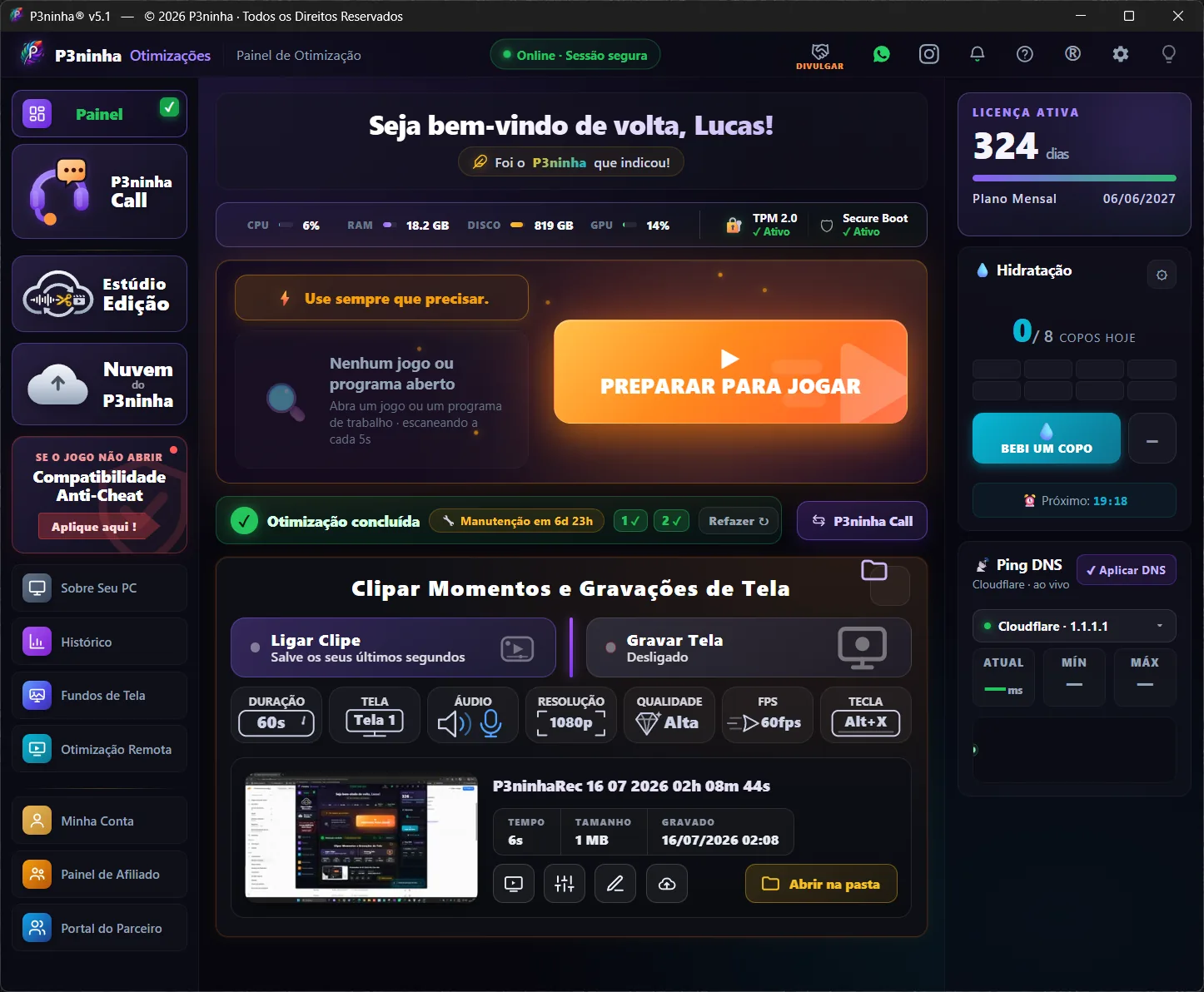 Painel do P3ninha v5.1 — Preparar para Jogar e Clipar Momentos