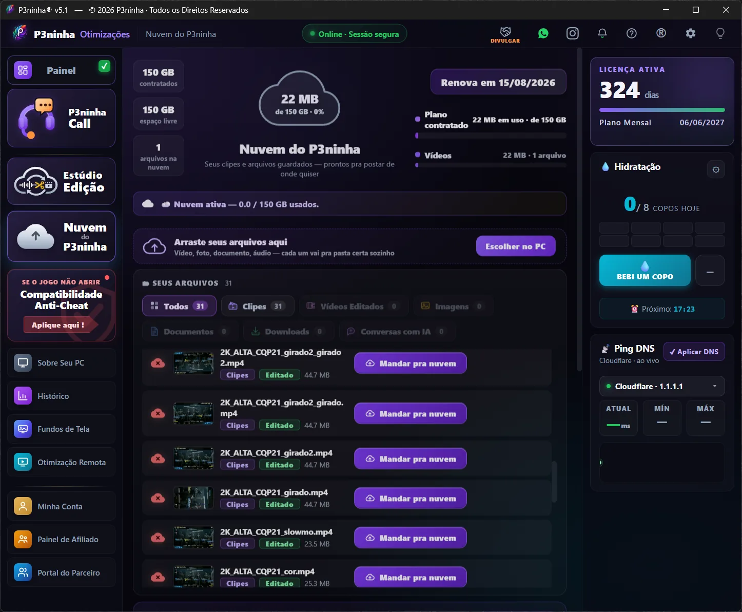Tela Sobre Seu PC do P3ninha v5.1 — métricas ao vivo de CPU, RAM, disco, GPU e ping/DNS